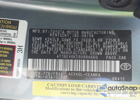 2009 Toyota Camry Se/Le/Xle from USA, damaged, VIN 4T1BE46K59U884660